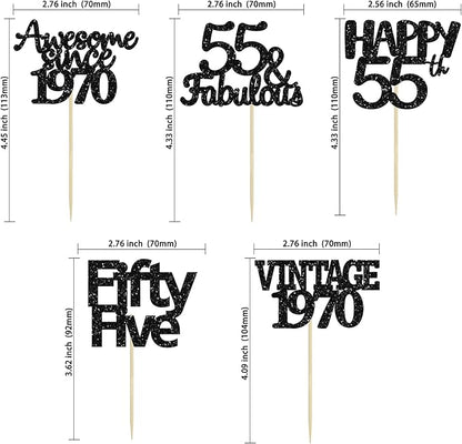 Gyufise 30 Pack Black Glitter Vintage 1970 Cupcake Toppers Glitter 55 Fabulous Happy 55 Cheers to 55 Years Birthday Cupcake Picks 55th Birthday Anniversary Cake Decorations Supplies