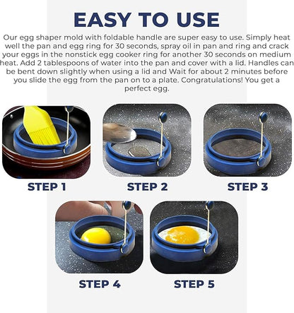 Professional 4 Inch Silicone Egg Ring, Pancake Mold Egg for Breakfast Sandwiches, Omelets and More, Nonstick Mold Ring, Round Blue (Pack of 2), Free e-Book by Abam (Blue & Red)