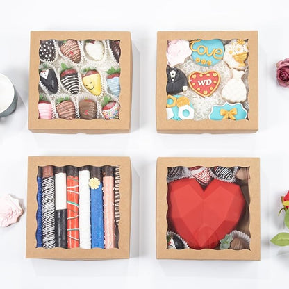 50pcs 8x8x2 Inches Brown Bakery Boxes with Window - Perfect for Cookies, Chocolate Covered Strawberries, Cakesicles & More