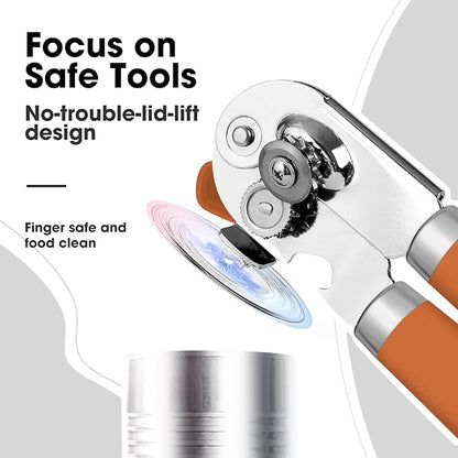 Beneno Can Opener Manual with Magnet, Hand Held Heavy Duty Can Opener with Durable Sharp Blade Smooth Edge, Big Effort-Saving Knob, Soft Grip Rubber Handle, Multifunctional Bottle Opener, Orange