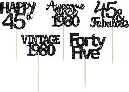 Gyufise 30 Pack Black Glitter 45th Birthday Cupcake Toppers Vintage 1980 Awesome Since 1980 45 Fabulous Cupcake Picks 45th Birthday Wedding Anniversary Party Cake Decorations Supplies
