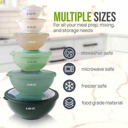 Zulay Kitchen 12 Piece Plastic Mixing Bowls with Leak-Proof Lids Set - Microwave and Freezer Safe Kitchen Mixing Bowls for Preparing, Serving and Storing - Large Nesting Bowls (Forest Ombre)