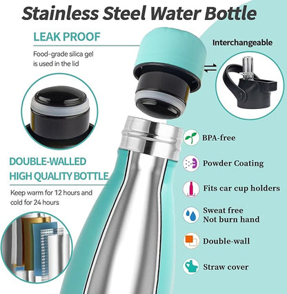 Insulated Water Bottle, 2 Pack-9oz Stainless Steel Water Bottles with straw lid, Metal Sports Water Bottles for Boys,Girls, Double Wall Vacuum BPA-Free Flask for School, Sports (Pink-Green)