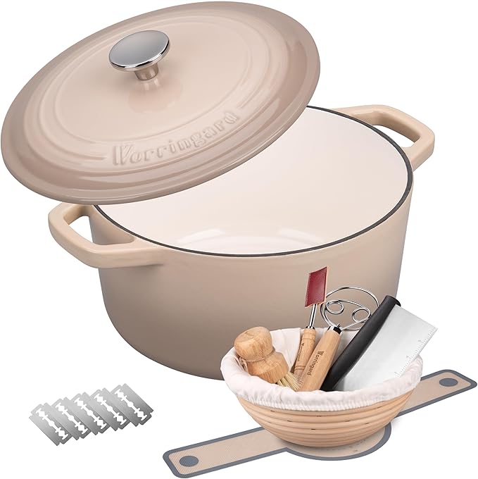 Enameled Cast Iron Dutch Oven Pot with Lid, for Bread Baking, Round Bread Oven- include Sourdough Bread Baking Supplies Set, 4.5QT, Latte