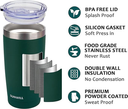 SUNWILL Travel Coffee Mug with Lid, 20 oz Tumbler Set of 2, Insulated Stainless Steel Cup for Drinks， Water, Tea, Powder Coated Forest Green & Plum