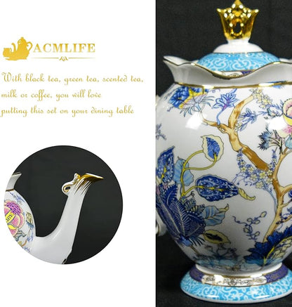 ACMLIFE Tea Sets for Adults for 6, Blue Tea Set with Cups, Fine Bone China 24K Gold, Tea Pot and Cups Set, Vintage British English Porcelain Afternoon Service Sets for Women Tea Party for Luxury Gift