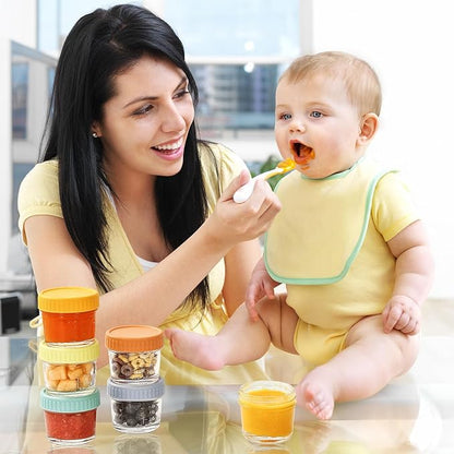 DRKIO 20 Pack Glass Baby Food Storage Containers 4 Oz Baby Food Jars with Lids Baby Food Maker Microwave Dishwasher Freezer Safe 100% Leak-Proof BPA Free