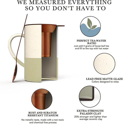 Mora Ceramics Tea Cup with Loose Leaf Infuser, Spoon and Lid, 12 oz, Microwave and Dishwasher Safe Coffee Mug - Rustic Matte Ceramic Glaze, Modern Herbal Tea Strainer - Great Gift for Women, Limestone