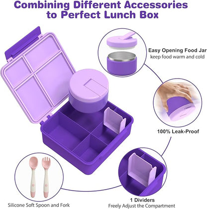 Kids Bento Lunch Box with 8oz Soup Thermo, Water Bottle, Kids Leakproof Lunch Food Containers with 4 Compartment, Insulated Hot Food Jar with Lunch Bag for School, Trvael (Purple)