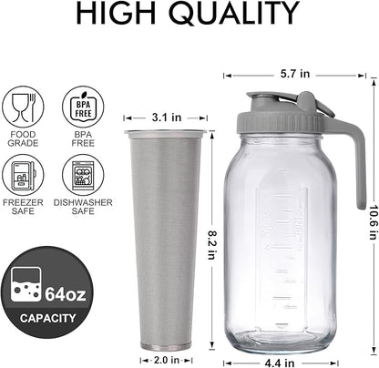 Cold Brew Mason Jar iced Coffee Maker, Durable Glass, - 64 oz (2 Quart / 1.9 Liter), With Handle& Stainless Steel Filter for Iced Brew Coffee, Lemonade, Ice Tea, Homemade Fruit Drinks Container