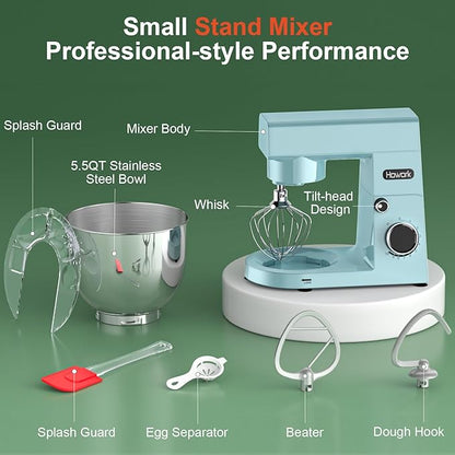 HOWORK Stand Mixer,10+p Speeds With 5.5QT Stainless Steel Bowl,Dough Hook, Wire Whip & Beater,for Most Home Cooks,Blue