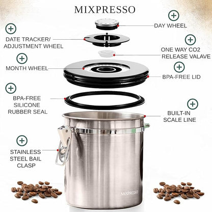 Mixpresso 16 Oz Coffee Canister with Scoop, Stainless Steel Airtight Coffee Container, Air tight Jar Tea Storage with Date Tracker, Vacuum Sealed Espresso Airtight Canister, Sugar Container for Home