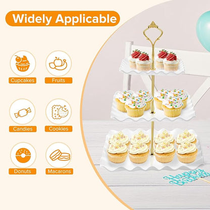 Hoedia 3 Tier Cupcake Stand Tower, Plastic White Cup Cake Holder for Dessert stands, Tiered Serving Tray for Tea Party, Birthday Party, Wedding Decor and Baby Shower(Square Wave)
