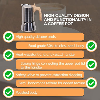 Uncoated 6 Cup Moka Pot 304 Thickened Stainless Steel Coffee Maker Stovetop Espresso Coffeemaker Italian Classic Style Brewing Greca Cafe Mocha Machine for Cafeteras Camping Travel Home 300ml 10oz