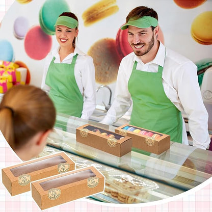 Sherr 50 Pcs Brown Macaron Boxes with Window, Cookies Boxes with 200 Pcs Stickers Long Bakery & Dessert Gifts Containers for Donuts, Pastry, Chocolate Covered Strawberry