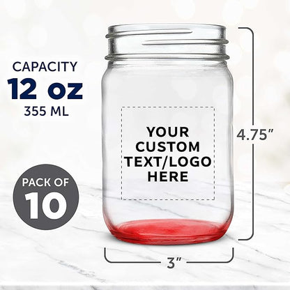 DISCOUNT PROMOS Custom Decorating Mason Jars 12 oz. Set of 10, Personalized Bulk Pack - Glass Jars for Overnight Oats, Candies, Fruits, Pickles, Spices, Beverages - Red