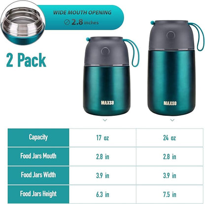 Insulated Thermo Food Jar for Hot & Cold Food for Kids Adult, 17&24 oz Soup Thermal Hot Food Containers for Lunch, Triple Layer Insulation Stainless Steel Food Jar with Spoon(2 Pack Green)