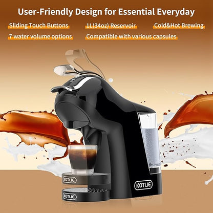 KOTLIE Espresso 5in1 Single Serve Coffee Maker, 19Bar Cappuccino&Latte Maker, Cold&Hot Brewing Coffee Machine for K*cup/NES*presso Original/D*olce G*usto/Ground Coffee/44mm ESE(Black)