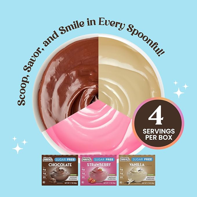 Simply Desserts Vanilla, Strawberry & Chocolate Instant Pudding, Sugar-Free, Variety 6-Pack – Healthy Dessert, Keto Snacks, Vegan & Diabetic-Friendly, Kosher, 1.7 Oz Ea