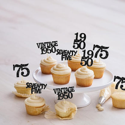 Gyufise 24Pcs Vintage 1950 Cupcake Toppers Glitter Cheers to 75 Fabulous Seventy Five Cupcake Picks 75th Birthday Wedding Anniversary Party Cake Decorations Supplies Black