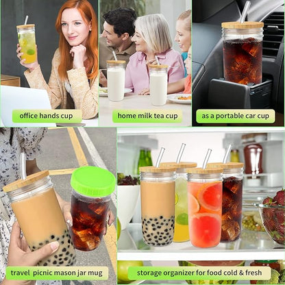4-Pack 24oz Glass Cups with Lids and Straws - Wide Mouth Mason Jars, 12 Lids (Bamboo/Plastic) & 8 Straws - Reusable Tumblers for Smoothies, Iced Coffee