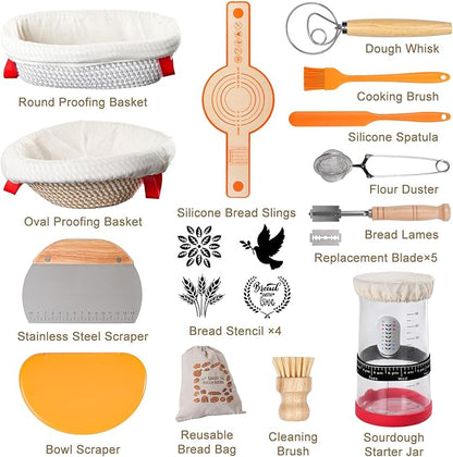 Sourdough Starter Kit, 9' Round Proofing Basket and 10' Oval Proofing Basket, a complete bread-making tool set, essential sourdough bread baking supplies for beginners.