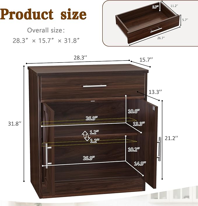 Vongrasig Sideboard Buffet Cabinet with Storage, Modern Kitchen Storage Cabinet with 1 Drawer and 2 Doors, Wood Coffee Bar Buffet Table for Kitchen, Dining Room, Rustic Brown