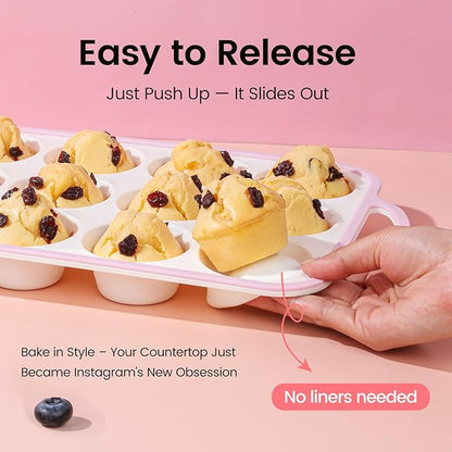 Silicone Muffin Pans for Baking 1 Pack, 2.6 Inch with Metal Reinforced Frame, Regular Size Nonstick Silicone Cupcake Pan for Baking Homemade Muffins, Cupcakes, Dishwasher Safe BPA Free-Pink