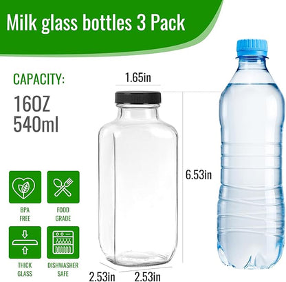 BIGIVACA 16 oz Glass Juice Bottles with Lids,3 PACK Bottles for Juicing,Square Drinking Jars Glass for Coffee,Cola,Milk,Tea in Travel,Work,School