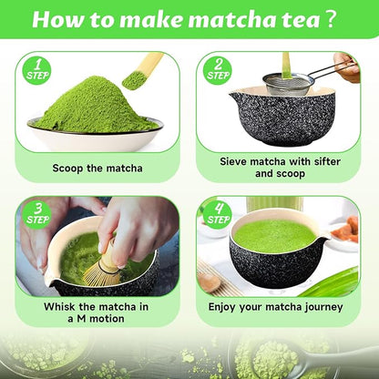 Matcha Set, 6 Pcs Matcha Whisk Set with 20 oz Bowl, Bamboo Whisk for Matcha Tea, Matcha Bowl, Ceramic Matcha whisk Holder, Stainless Sifter and Scoop - Gift for matcha kit Lovers（Black）