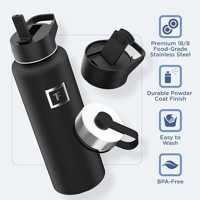 IRON °FLASK Camping & Hiking Hydration Flask with 3 Lids - Stainless Steel, Double Walled & Vacuum Insulated Water Bottle - Leak Proof & BPA Free (Blue Waves, Straw - 40 oz)