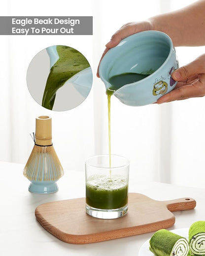 Matcha Whisk Set, Ceramic Matcha Set Includes Matcha Bowl, Matcha Whisk and Holder, Bamboo Scoop, Scoop Rest, Sifter and Tea Towel - 7 Pcs Matcha Kit(Blue)