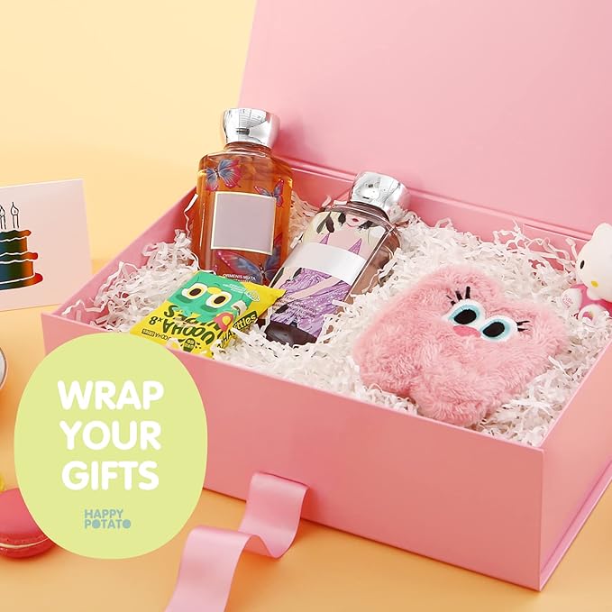 HAPPY POTATO 6 Large Gift Boxes for Presents with Lids 13.5x9x4.1 Inches, Pink Gift Boxes with Ribbon, Bridesmaid Proposal Boxes, Magnetic Gift Wrap Boxes for Wedding (Glossy Pink, Pack of 6)