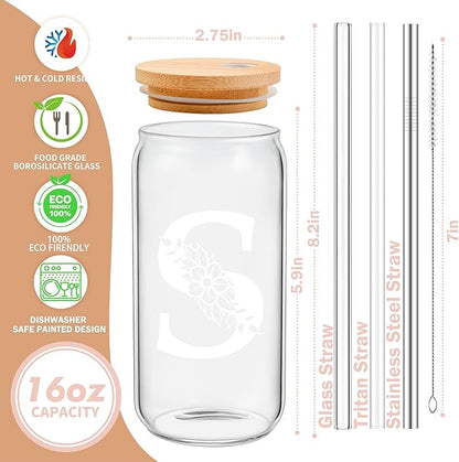 Personalized Gifts for Women, Monogrammed Glass Cups with Lids and Straws, Custom Tumbler, Cute Customized Mug, Aesthetic Stuff, Initial Iced Coffee Cup, Drinking Glasses, Birthday Teacher Gifts, K
