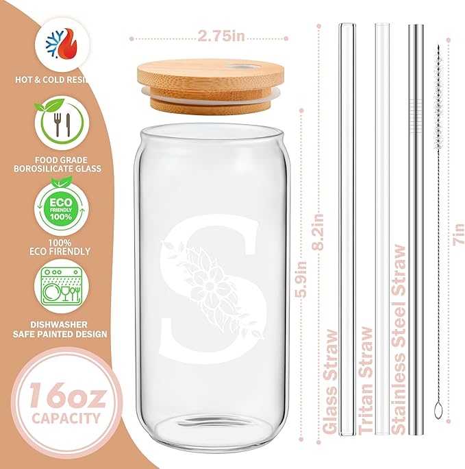 Personalized Gifts for Women, Monogrammed Glass Cups with Lids and Straws, Custom Tumbler, Cute Customized Mug, Aesthetic Stuff, Initial Iced Coffee Cup, Drinking Glasses, Birthday Teacher Gifts, H