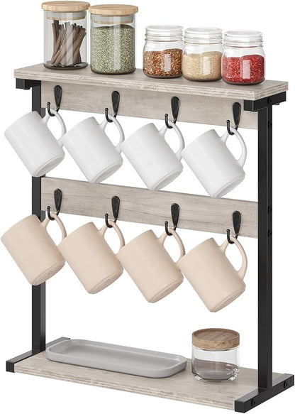 Coffee Mug Holder for Counter, 2 Tier Mug Tree Rack, with 8 Hook and 2 Open Shelves, Vintage Mug Holder Stand for Home Kitchen, Greige MH43BG