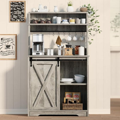 Farmhouse Coffee Bar with 3 Tier Storage Hutch, 56 Inch Small Coffee Station with 6 Hooks, Corner Bar Table with Adjustable Shelves for Living Dining Room (Grey)