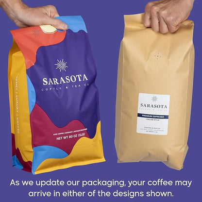 Sarasota Coffee Ground Espresso | Dark Roast Gourmet Coffee Grounds | Low Acid, Mold Free, Specialty Grade, Bulk Ground Espresso Coffee | 5lb (80 oz)