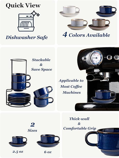 Gomakren 6 Ounce Cappuccino Cups with Saucers and Metal Stand, Stackable Coffee Cup Set of 4, Porcelain Espresso Cups for Coffee Drinks, Cappuccino, Latte, Americano, Tea, Cobalt Blue