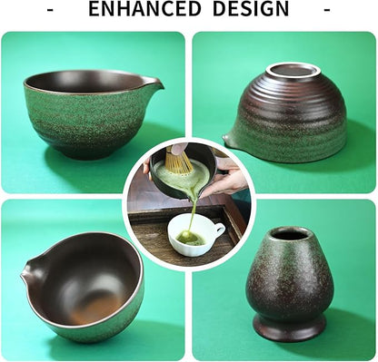 Matcha Whisk Set,Matcha Set Includes Ceramic Bowl with Spout,Stainless Sifter,Scoop,Whisk and Holder,Complete 5 Pcs Japanese Matcha Kit Making Tools,Green