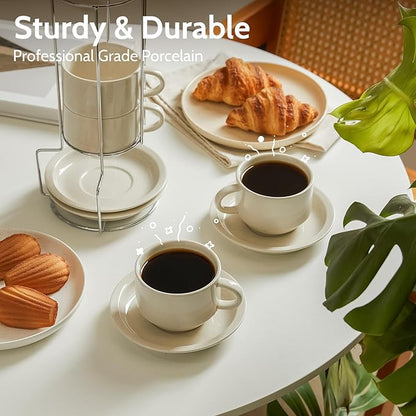 Sweese Porcelain Cappuccino Cups Set - 8 oz Stackable Coffee Mugs with Saucers, Metal Stand, Dove Grey, Set of 4