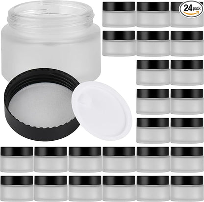 Glass Jars with Lids,Eco-Friendly Cosmetic Containers with Airtight Black Lids & Liners, Multi-Color Options for Cream, Lotion, Body Butter, DIY Skincare Travel Jars (Clear Frosted, 1oz)