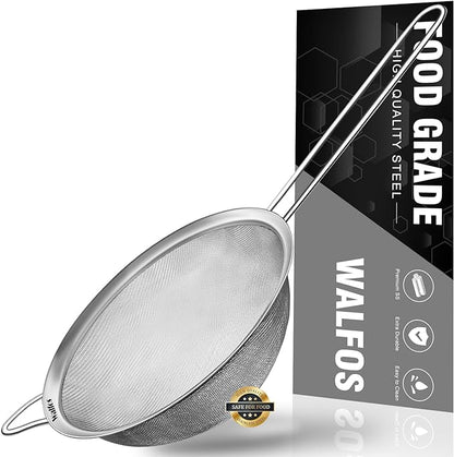 Walfos 7 Inch Fine Mesh Strainers, Premium Stainless Steel Colanders and Sifters, with Reinforced Frame and Sturdy Handle, Perfect for Sift, Strain, Drain and Rinse Vegetables, Pastas and Tea