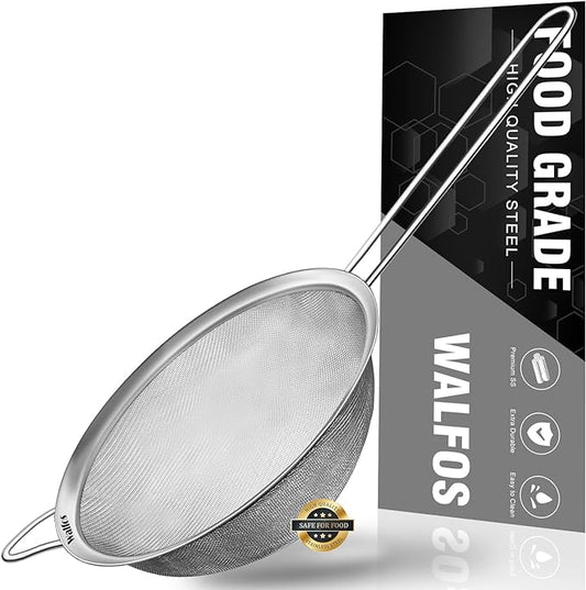 Walfos 7 Inch Fine Mesh Strainers, Premium Stainless Steel Colanders and Sifters, with Reinforced Frame and Sturdy Handle, Perfect for Sift, Strain, Drain and Rinse Vegetables, Pastas and Tea