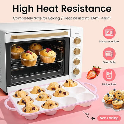 Silicone Muffin Pans for Baking 1 Pack, 2.6 Inch with Metal Reinforced Frame, Regular Size Nonstick Silicone Cupcake Pan for Baking Homemade Muffins, Cupcakes, Dishwasher Safe BPA Free-Pink