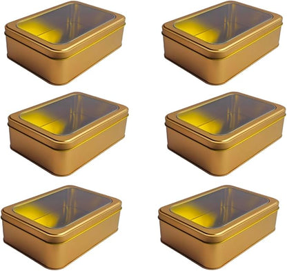 Pack of 6 Gold Rectangular Tin Container With Clear Lid, Multipurpose Tin Box, Festive Tin Box for Gift Giving, Cookies, Stationery & More - 7.25 x 5.25 x 2.25 Inches
