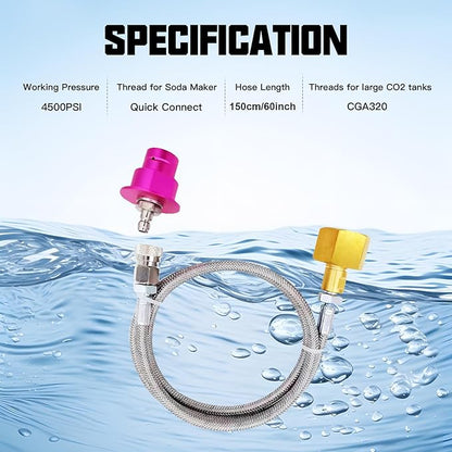 Soda Terra Machine Co2 Tank Adapter Hose, Co2 Tank Direct Adapter with Stainless Steel Hose, Compatible with Duo Art Terra Gaia AQUA FIZZ Pink Cylinder Soda Maker (60in)