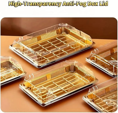 10 Pack Gold Rectangular Sushi Containers with Clear Lids – Disposable Plastic Food Boxes for Party, Takeout & Catering – Elegant, Stackable Trays for Sushi, Snacks & Desserts(Model No.1109)