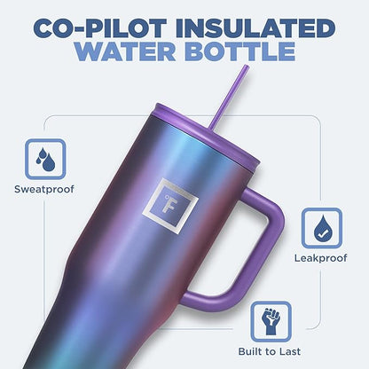 IRON °FLASK Co-Pilot Insulated Mug w/Straw & Flip Cap Lids - Cup Holder Bottle for Hot, Cold Drink - Leak-Proof- Water, Coffee Portable Travel Tumbler - Clementine, 40 Oz