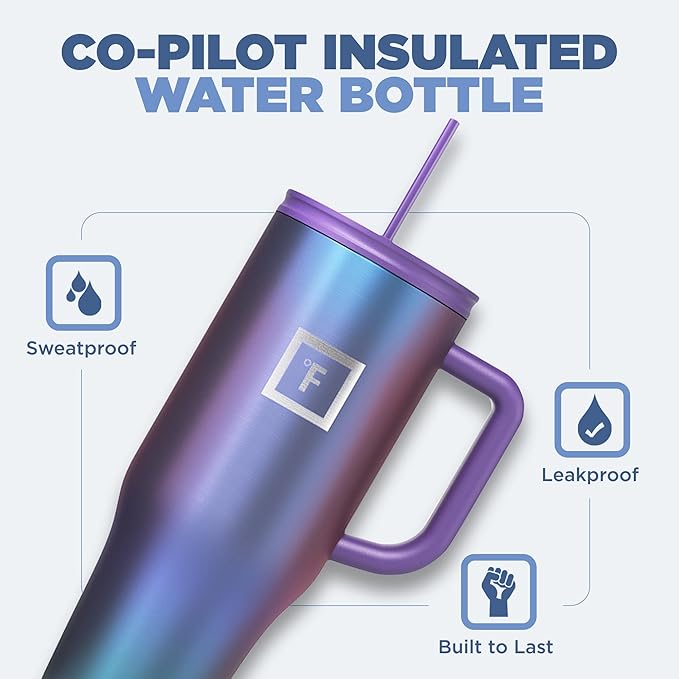 IRON °FLASK Co-Pilot Insulated Mug w/Straw & Flip Cap Lids - Cup Holder Bottle for Hot, Cold Drink - Leak-Proof- Water, Coffee Portable Travel Tumbler - Lavender, 40 Oz